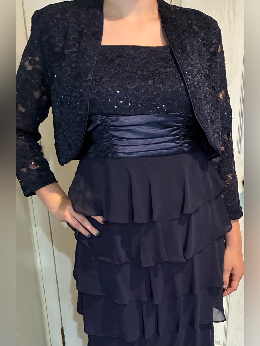 Holiday Party Navy Evening Gown with Crop Jacket